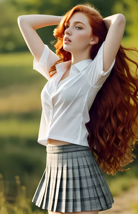 1girl in, age19, Solo, Aesthetic artwork, irish  redhead, wavy ginger hair, shoulder length ginger hair, gray eyes, light grey eyes, some small freckles, pale skin, A-cup, small breasts, runners body, fullbody shot, (textured skin, skin pores:1.1), (moles:...