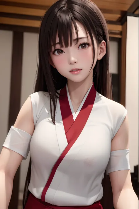 (Best Quality,8K,hight resolution,masuter piece:1.2),Ultra-detailed,Realistic:1.37,Portrait,Dynamic Angle,(Female karate athletes) ,White kimono,Teenage girl,small head,Cute,Sporty,Charming face,Detailed beauty face,Very realistic skin,Wet skin,Sweat,Large...