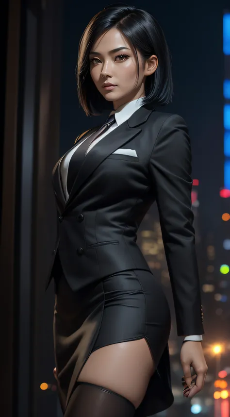 (A beautiful 25 years old Asian Hitwoman), (wolfcut black hair), (pale skin), (serious face), skirt suit, (((three-piece suit))), (((dress shirt))), (((necktie))), blazer, (((suit jacket))), (((waistcoat))), double-breasted waistcoat, (((bodycon miniskirt)...