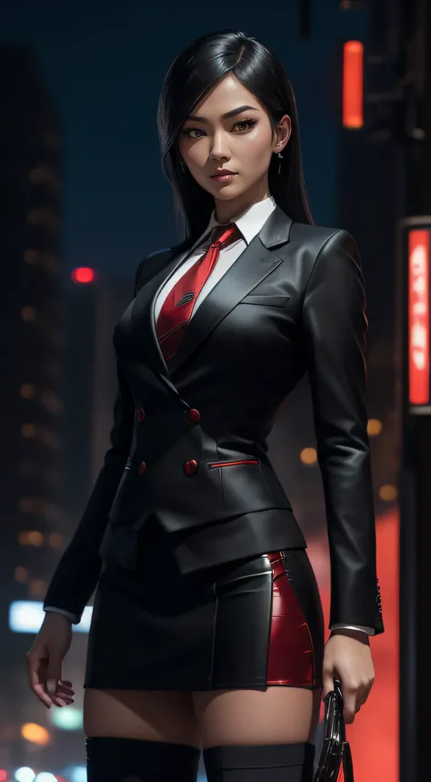 (A beautiful 25 years old Asian Hitwoman), (wolfcut black hair), (pale skin), (serious face), skirt suit, (((three-piece suit))), (((dress shirt))), (((necktie))), blazer, (((red suit jacket))), black shiny lapel (((waistcoat))), double-breasted waistcoat,...