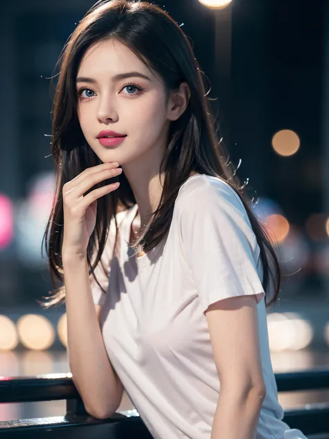 1girl, ultra realistic, ultra detail, photo realistic, reaistic, 4k, blue eyes, dark hair, realistic hair, beauty make up, white o neck tshirt, cute smilling, pink lips, perfect eyes, perfect lip, background night city bokeh, profesional lighting