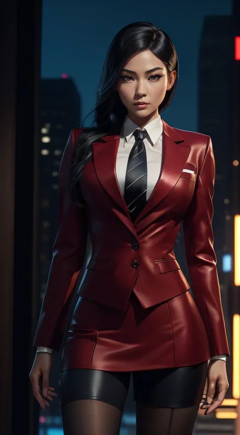 (A beautiful 25 years old Asian Hitwoman), (wolfcut black hair), (pale skin), (serious face), skirt suit, (((three-piece suit))), (((dress shirt))), (((necktie))), blazer, (((red suit jacket))), black shiny lapel (((waistcoat))), double-breasted waistcoat,...