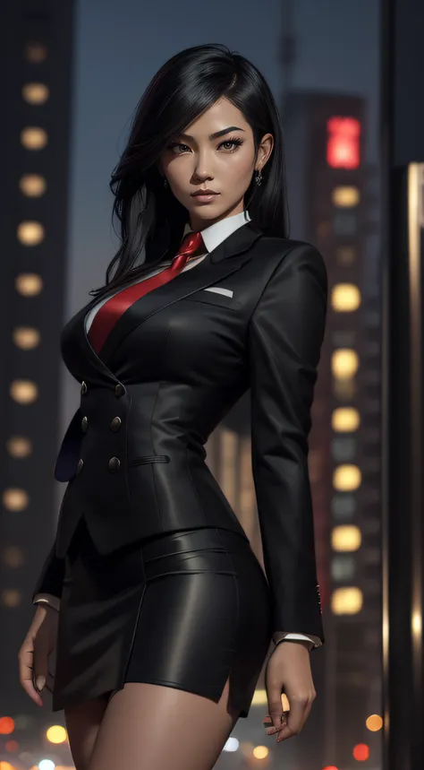 (A beautiful 25 years old Asian Hitwoman), (wolfcut black hair), (pale skin), (serious face), skirt suit, (((three-piece suit))), (((dress shirt))), (((necktie))), blazer, (((red suit jacket))), black shiny lapel (((waistcoat))), double-breasted waistcoat,...