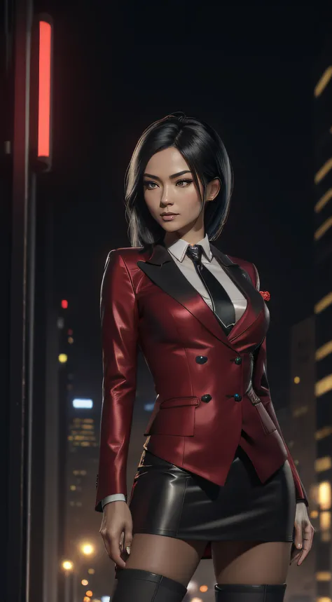 (A beautiful 25 years old Asian Hitwoman), (wolfcut black hair), (pale skin), (serious face), skirt suit, (((three-piece suit))), (((dress shirt))), (((necktie))), blazer, (((red suit jacket))), black shiny lapel (((waistcoat))), double-breasted waistcoat,...