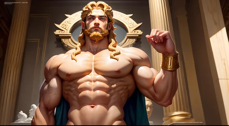 Crie uma imagem inteira corpo inteiro 8K inspiradora representando um Zeus grego ,Forte, olhando para o lado, immortalized as a bust statue, Single bust statue, com detalhes minuciosos, com fundo dourado brilhante, mostra imagem por completo