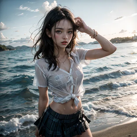 woman in a plaid skirt in the water, of a schoolgirl posing, beach pic, dressed as schoolgirl, on a sunny beach, wet shirt, in the beach, white sarong, at the sea, wearing in shirt, open shirt, wearing a kilt, posing on the beach, on a lake, on a beach, on...