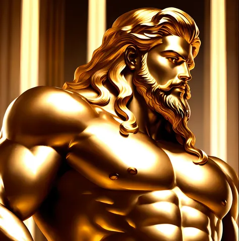 Crie uma imagem 8K inspiradora representando um Zeus grego ,Forte, olhando para o lado, immortalized as a bust statue, Single bust statue, com detalhes minuciosos, com fundo dourado brilhante, mostra imagem por completo