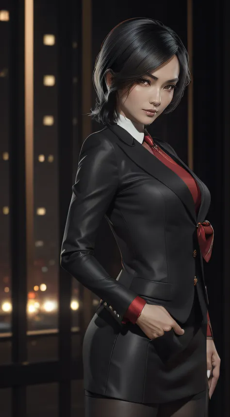 (A beautiful 25 years old Asian Hitwoman), (wolfcut black hair), (pale skin), (serious face), skirt suit, (((three-piece suit))), (((dress shirt))), (((necktie))), blazer, (((red suit jacket))), black shiny lapel (((waistcoat))), double-breasted waistcoat,...