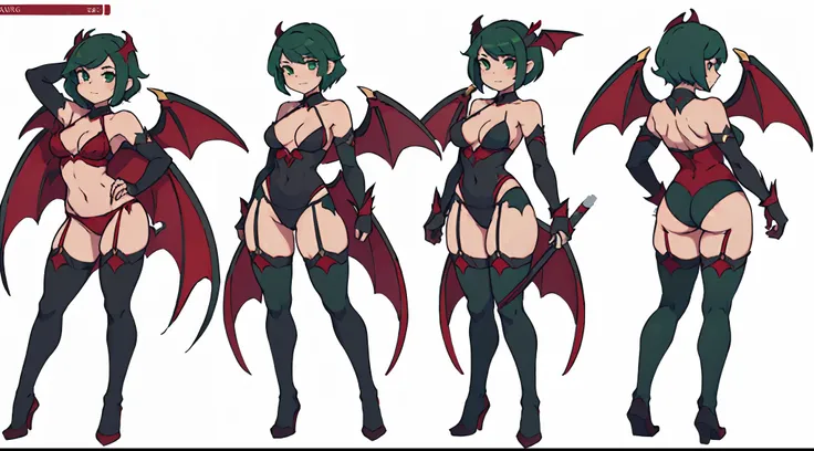 Character Design sheet, different poses, sexy poses, Full body picture of sexy vampire girl with bat wings on shoulders ,short green hair, wearing red lingerie, white background. Showing entire character including wings.