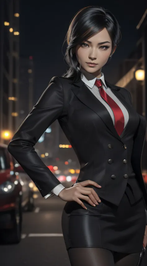 (A beautiful 25 years old Asian Hitwoman), (wolfcut black hair), (pale skin), (serious face), skirt suit, (((three-piece suit))), (((dress shirt))), (((necktie))), blazer, (((red suit jacket))), black shiny lapel (((waistcoat))), double-breasted waistcoat,...