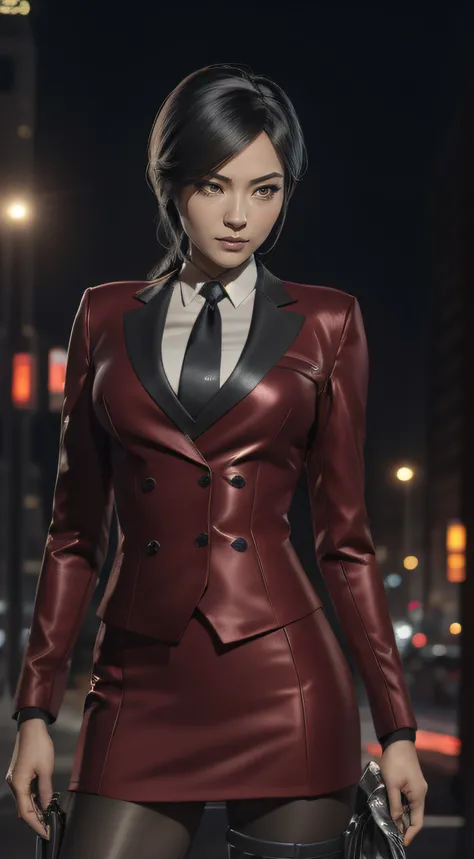 (A beautiful 25 years old Asian Hitwoman), (wolfcut black hair), (pale skin), (serious face), skirt suit, (((three-piece suit))), (((dress shirt))), (((necktie))), blazer, (((red suit jacket))), black shiny lapel (((waistcoat))), double-breasted waistcoat,...