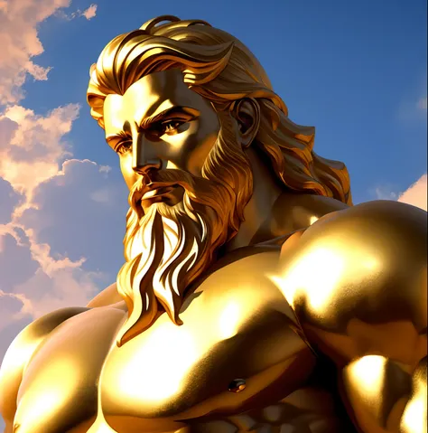 Crie uma imagem 8K inspiradora representando um Zeus grego ,Forte, olhando para o lado, immortalized as a bust statue, Single bust statue, com detalhes minuciosos, com fundo dourado brilhante, mostra imagem por completo