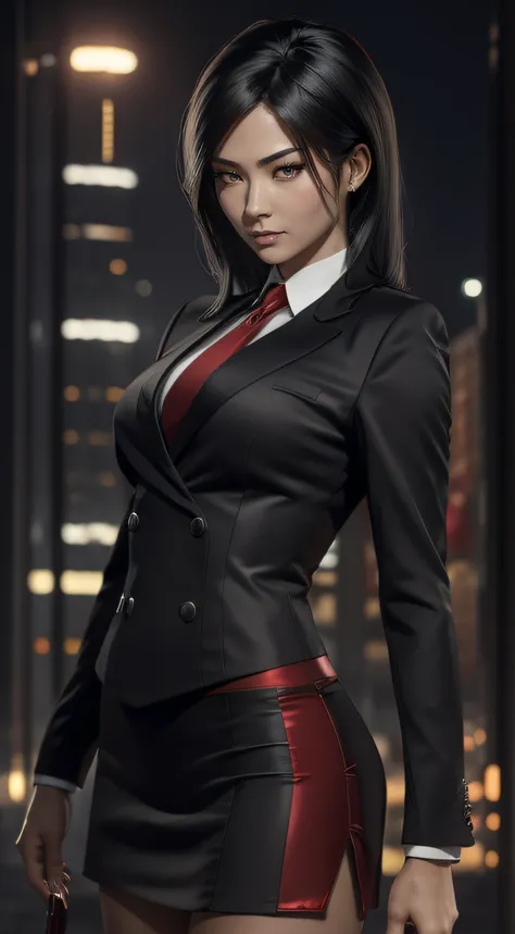 (A beautiful 25 years old Asian Hitwoman), (wolfcut black hair), (pale skin), (serious face), skirt suit, (((three-piece suit))), (((dress shirt))), (((necktie))), blazer, (((red suit jacket))), black shiny lapel (((waistcoat))), double-breasted waistcoat,...