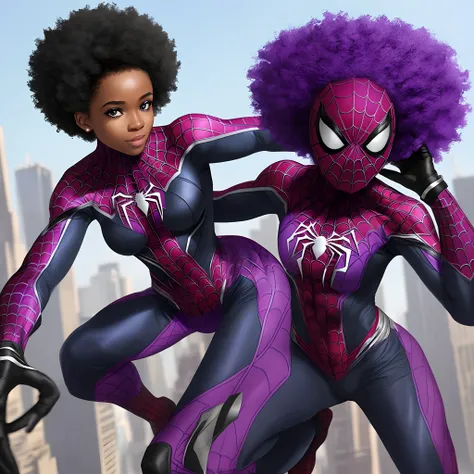 Female African spiderman with black and purple suit and afro