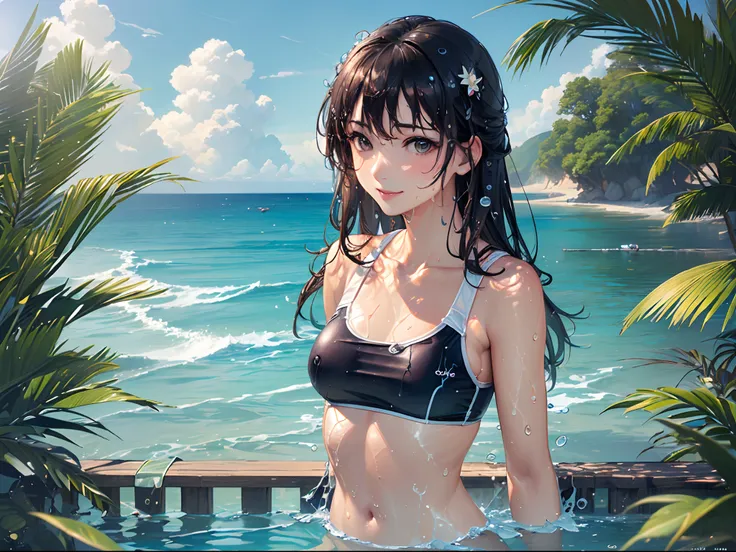 ((Finest quality)),(超A high resolution),(ultra-detailliert),(Meticulous portrayal),((Best CG)),(Finest works of art),Ultra-Precision Art,The art of astounding depiction, suns:1.5,the beach:1.5, (1人の女性:1.5),(swim wears:1.5),a smile,