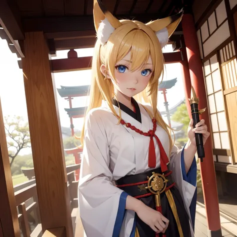 kagamine rin, shrines, shrine maiden, Fox ears:1.8、priestess ((Japan traditions)), Blue eyes, a blond, Red lips, Beautiful Girl, 1girl in, Holding ceremonial staff