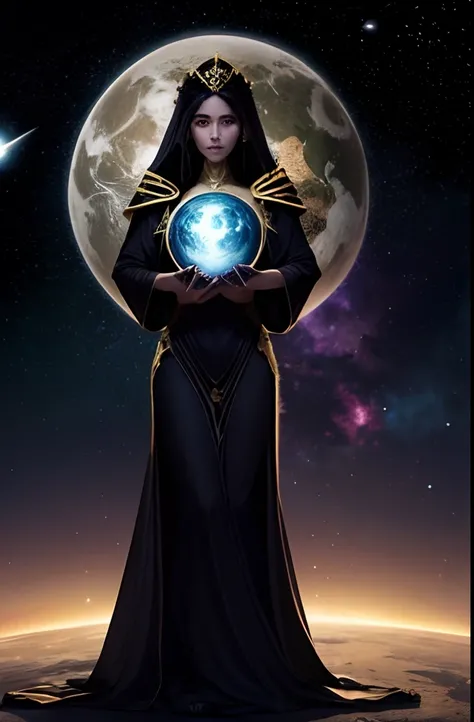 Dark Goddess Holding the World in Her Hands, poderosa, mulher, planetas, estrelas, cosmo, outer space, magia, cores frias, sombrio, terror, horror, aureula, divindade, vista de longe