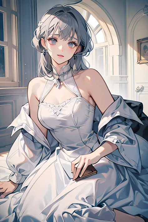 A woman with grey hair and dark eyes wearing a white dress, feminine