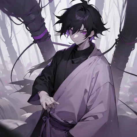 1male , black hair , purple eyes , messy hair , pale skin , black t-shirt with a grey undershirt with slightly longer sleeves , standing in forest background , facing viewer, somber expression , ninja clothing , young boy , child , purple wrapped belt