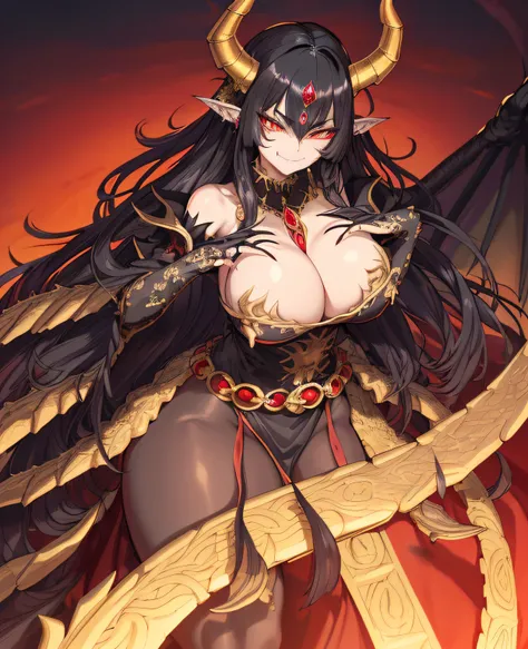 (red eyes)), (((long fluffy black hair))) ,(((fantasy, europien medieval))), ((strong elegant body)), mature female demoness, demon queen, (royal black clothes), ((royal golden coat)), ((( big golden royal crown with jewellery))), ((4 gigantic golden scale...