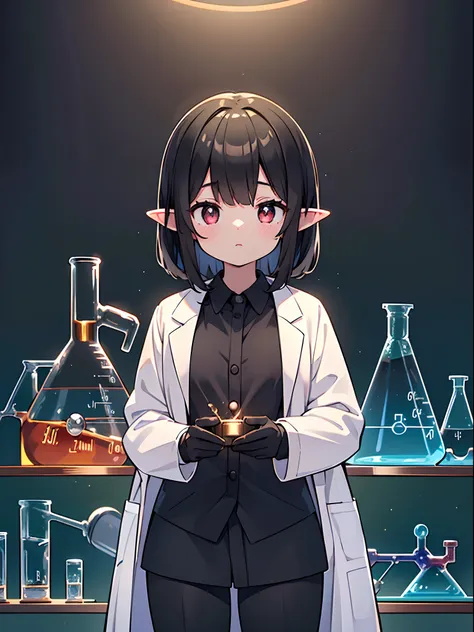 high res, ((((masterpiece, best quality, best illustration, Perfect anatomy, Cinematic lighting)))), best shadow, depth of field, detailed eyes, sharp pupils, best dark, beautiful, detailed face, 1girl, (Scientist:1.9), atheist, droopy long black hair, dar...