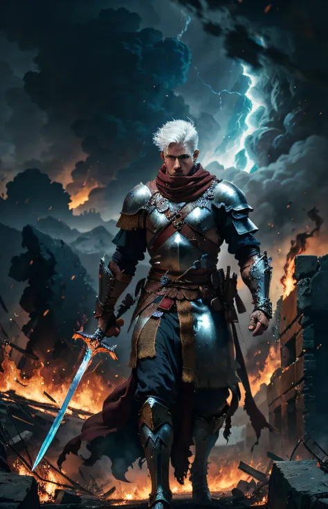 In the midst of the chaos consuming the land, emerged a young warrior with short, white hair, whose silvery strands seemed to gleam like the moon on a starry night. His eyes, however, were a deep red, as if they reflected the flames of destruction surround...