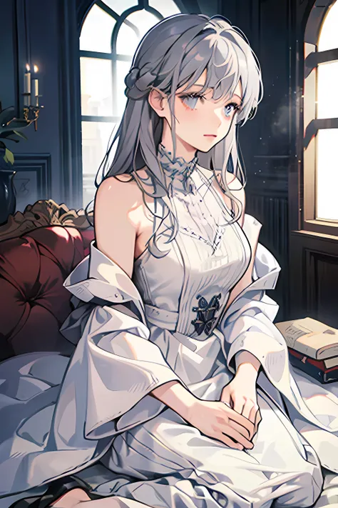 A woman with grey hair and dark grey eyes wearing a white dress, feminine