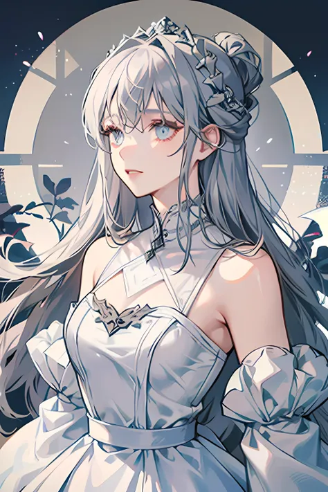 A woman with grey hair and dark grey eyes wearing a white dress, feminine