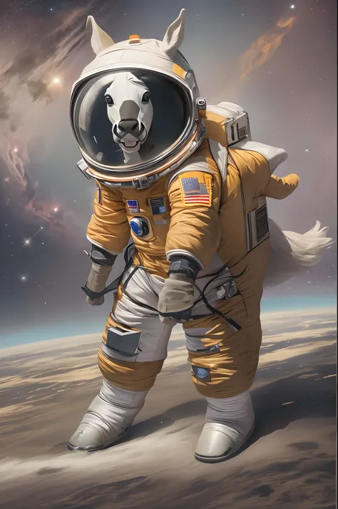 A man dressed in a horse costume riding a man dressed as an astronaut, in space