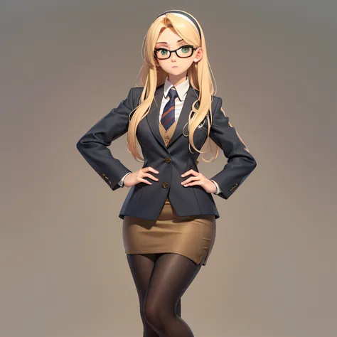 1 girl, solo, long hair, large glasses, black hairband, petite, short, skirt suit, (((three-piece suit))), (((necktie))), blazer, (((suit jacket))), (((waistcoat))), double-breasted waistcoat, bodycon miniskirt, pencil skirt, curvy arms, defined legs, beau...