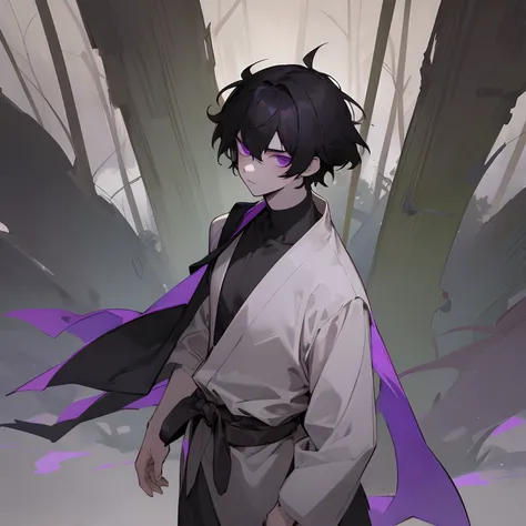 1male , black hair , purple eyes , messy hair , pale skin , black t-shirt with a grey undershirt with slightly longer sleeves , standing in forest background , facing viewer, somber expression , ninja clothing , young boy , teen , purple wrapped belt