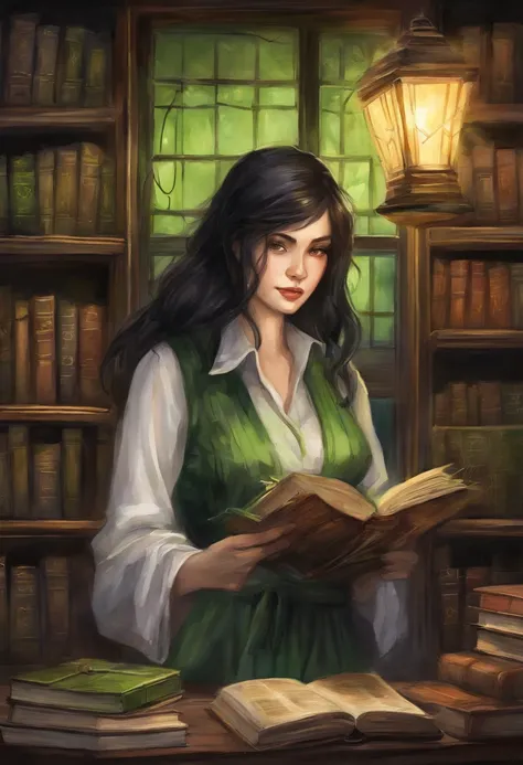 (anime) A dark library is illuminated only by a single lantern a woman is holding. The woman has black hair with green eyes, long hair down to the waist, and is wearing a black and white shirt along with a lime green shirt