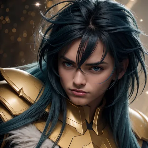 cinemactic, incrivelmente detalhado e ultrarrealista, Camus of Aquarrius Saint Seiya. Close up. Hes wearing pretty realistic golden armor. Armadura dourada brilhante. Bright golden armor.  Armadura com brilho natural. Octane is the perfect tool to capture ...