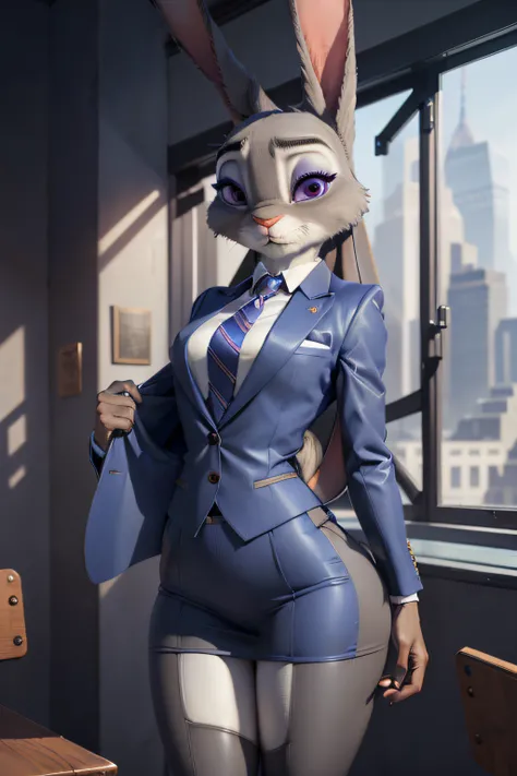 best quality, masterpiece, solo, 1girl,  JudyHopps, skirt suit, (((three-piece suit))), necktie, blazer, suit jacket, waistcoat, (((bodycon skirt))),