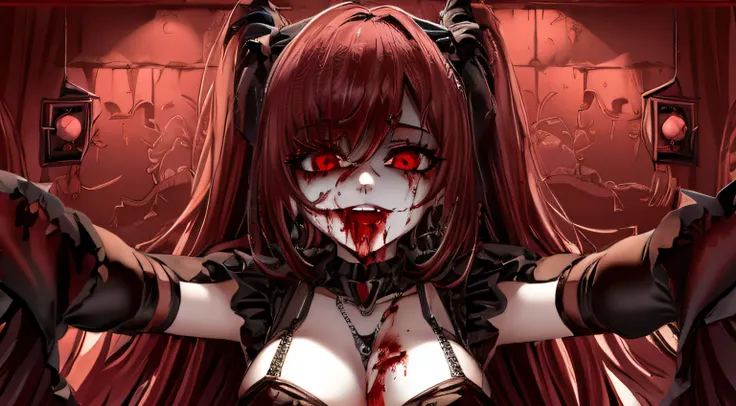 Anime girl with blood on her face and hands in a dark room, menina anime demon, menina monstro anime, com olhos vermelhos brilhantes, Gapmoe Yandere Grimdark, Ahegao, menina vampiro, vampiros de anime, gothic maiden anime girl, Yandere, com olhos vermelhos...