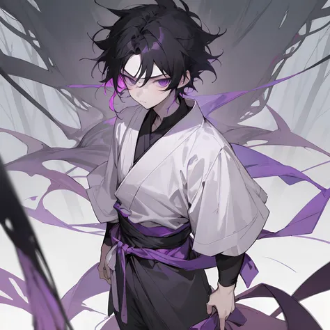 1male , black hair , purple eyes , messy hair , pale skin , white and black haori slightly short sleeves and wraps around wrists  , standing in forest background , facing viewer, somber expression , ninja clothing , young boy , child , purple wrapped belt