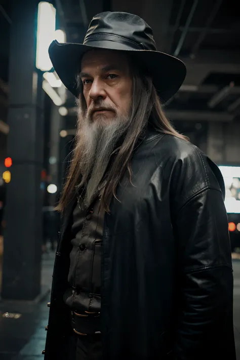 Gandalf In the Matrix, with matrix clothes, leather overcoat, tidy hair and beard, futuristic hat. Cyberpunk background