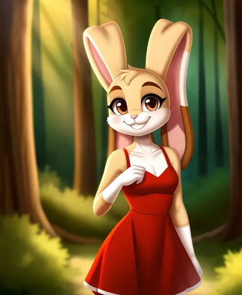 best quality, ((anthro, furry)), cream the rabbit, anthro, red dress, smile, forest background, small hand