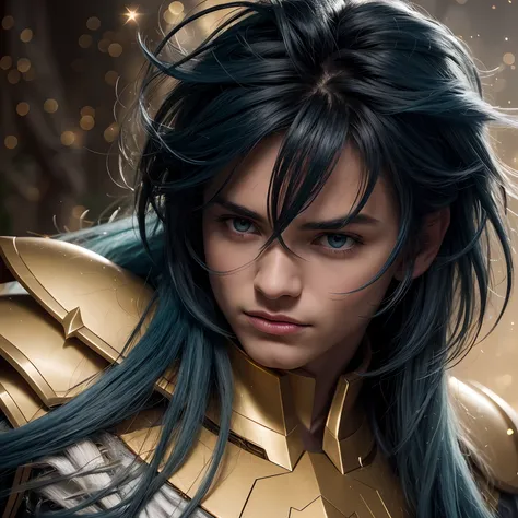 cinemactic, incrivelmente detalhado e ultrarrealista, Camus of Aquarrius Saint Seiya. Close up. Hes wearing pretty realistic golden armor. Armadura dourada brilhante. Bright golden armor.  Armadura com brilho natural. Octane is the perfect tool to capture ...