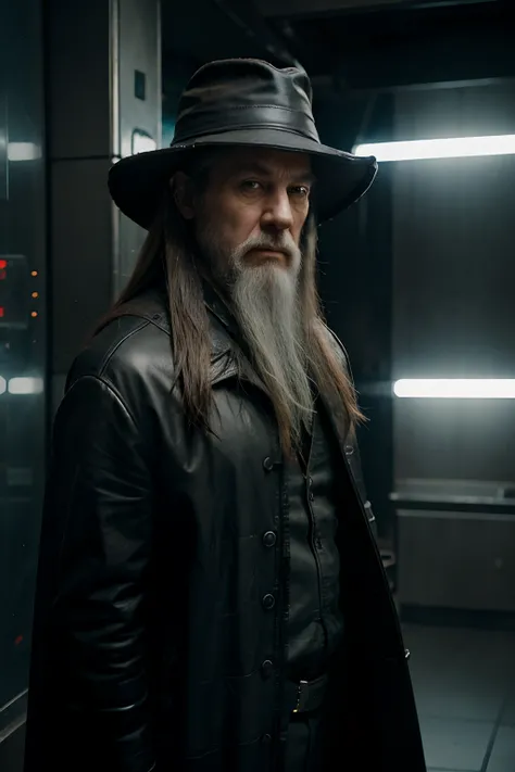 Gandalf In the Matrix, with matrix clothes, leather overcoat, tidy hair and beard, futuristic hat. Cyberpunk background