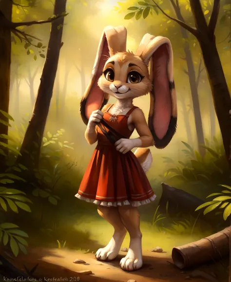 best quality, ((anthro, furry)), cream the rabbit, anthro, red dress, smile, forest background, small hand, by kenket, by totesf...