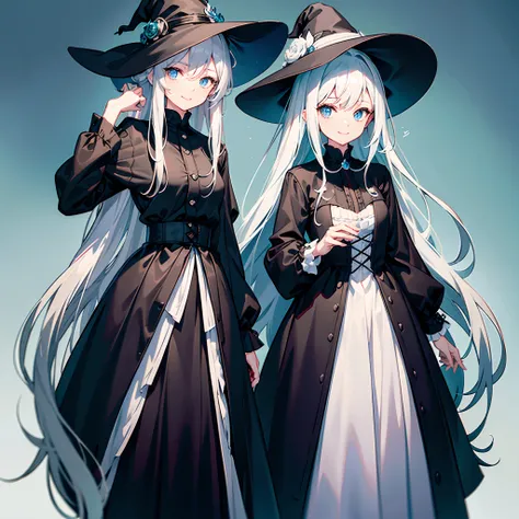 Two witch girls roaming the streets、One has long white hair with an emerald green mesh, blue eyes with highlights, and wears a large black witch hat with sapphire accessories.、The other has long black hair with red mesh and red eyes with highlights and wea...