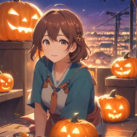 obra maestra, mejor calidad, mujer de Genshin impact disfrazada por la festividad de Halloween semi realista de pechos grandes y adorable