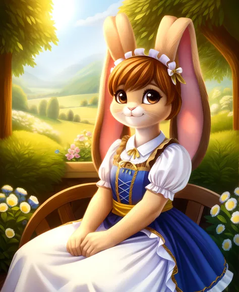 traditional german dress, dirndl, traditional bavarian attire, tranquil garden, solitary girl, ream the rabbit , adorable face, ...