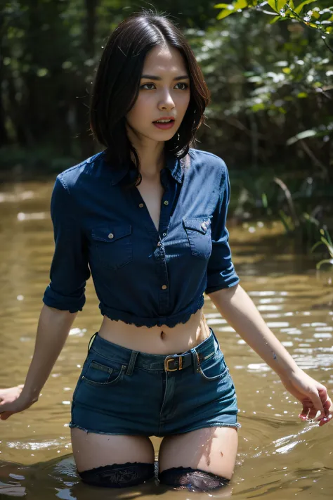 Photorealistic Art of the Tragic Death of a European Woman (in a denim skirt, blouse, and lace stockings with garters:1.2). Bob haircut, elongated face,,,,,,(Pronounced wrinkles:1.2). (Shes drowning in a murky swamp:1.4), standingn, Filled with despair and...