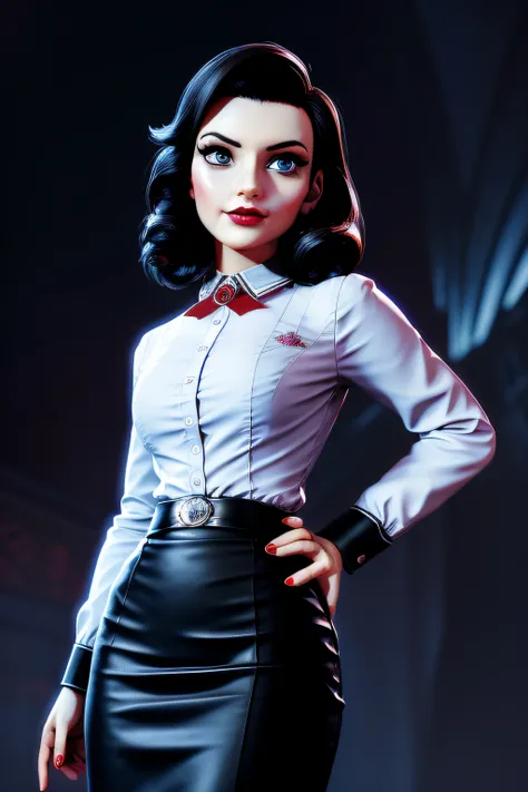 3dmm style,(masterpiece, top quality, best quality, official art, beautiful and aesthetic:1.2), (fractal art:1.3), 1girl, elizabeth comstock, red lipstick, shirt, pencil skirt, beautiful, high detailed, dark lighting, serious face, looking the sky, sky, me...