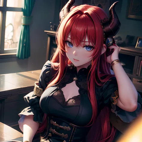 (best quality,4k,8k,highres,masterpiece:1.2),ultra-detailed, (HDR,UHD,studio lighting, physically-based rendering, focus, extreme detail description,professional,vivid colors), bokeh,girl sitting, dress, demonic horns red hair, red eyes, ((anime style:1.5)...