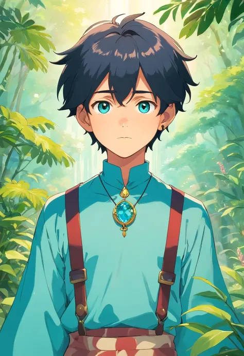 a BOY wearing an anime collar, a long necklace and earrings, in the style of tranquil gardenscapes, colorful animation stills, masami teraoka, aquamarine, paul gauguin, Embry style, honest portrayal