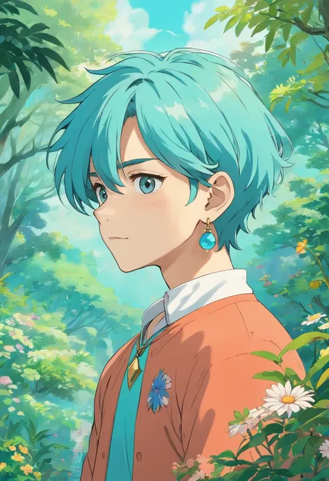 a BOY wearing an anime collar, a long necklace and earrings, in the style of tranquil gardenscapes, colorful animation stills, masami teraoka, aquamarine, paul gauguin, Embry style, honest portrayal