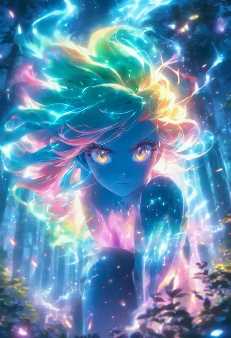 (best quality,4k,8k,highres,masterpiece:1.2),ultra-detailed,(realistic,photorealistic,photo-realistic:1.37),female with glowing teal eyes,rainbow colored hair,casting glowing spells,mystical forest,illustration,enchanted atmosphere,vibrant colors,soft ligh...